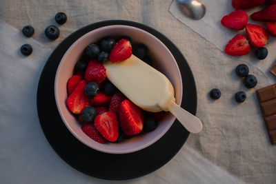 High angle view of breakfast on table