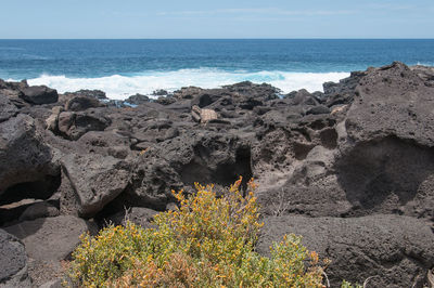 Scenic view of rocks on beach against sky