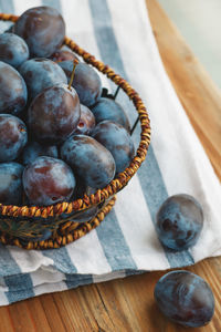 Close-up of plums in a basket
