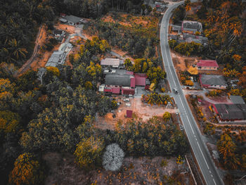 High angle view of road amidst trees during autumn