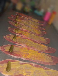 High angle view of leaves on table