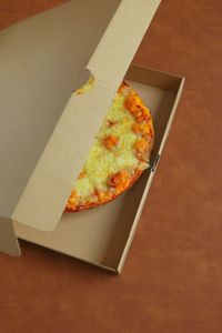 High angle view of pizza in box