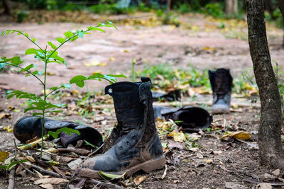 Close-up of abandoned shoes on field