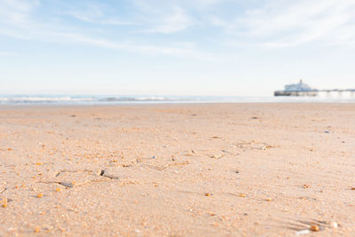 Surface level of beach against sky