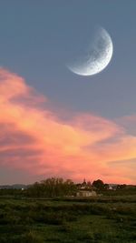 Scenic view of grassy field against sky at sunset