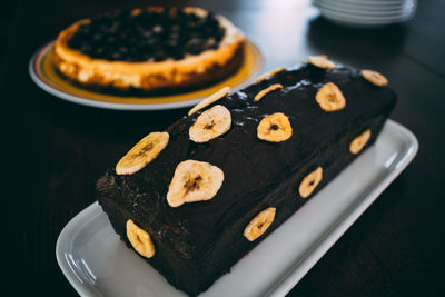 High angle view of cake in plate on table