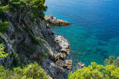 High angle view of rocks on sea shore