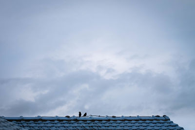 Low angle view of birds perching on roof against sky