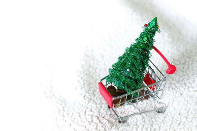 High angle view of christmas decorations on table