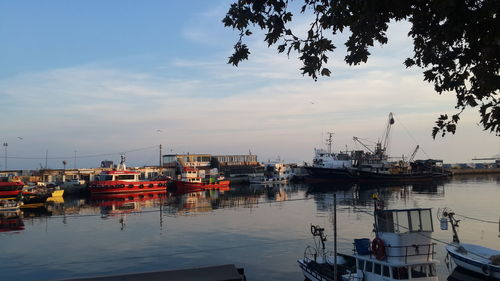 Boats moored at harbor against sky