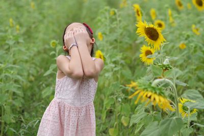 Cute girl with hands covering eyes standing in sunflower field