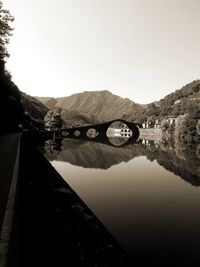 Reflection of mountain in lake against clear sky