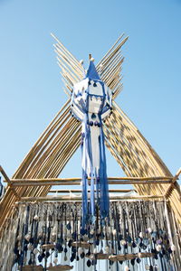 Low angle view of traditional windmill against clear sky