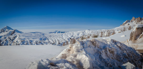 Awesome winter panorama of snowy meadow between the mount pore and mount averau