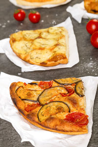 High angle view of pizza on table