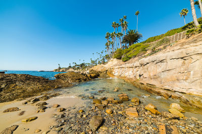 Scenic view of sea against clear blue sky