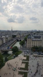 High angle view of buildings in city against sky