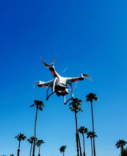 Low angle view of drone and palm trees against clear blue sky