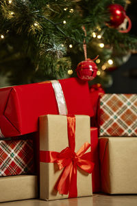 Close-up of christmas presents on table