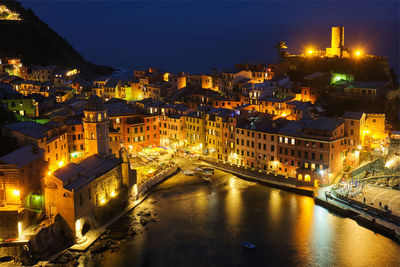 Illuminated buildings in city at night