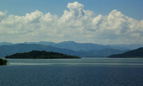 Scenic view of lake and mountains against sky