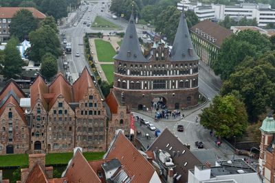 High angle view of buildings in city