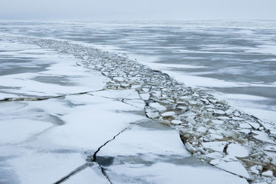 View of frozen sea against clear sky