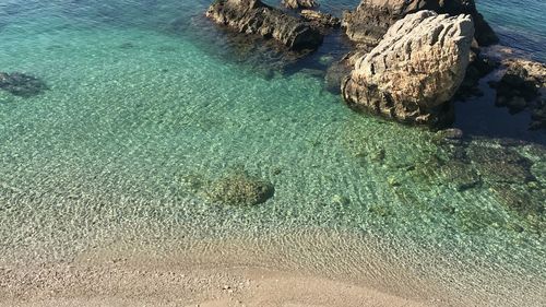 High angle view of rocks at beach