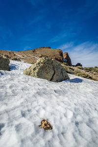 Scenic view of rock on landscape against blue sky