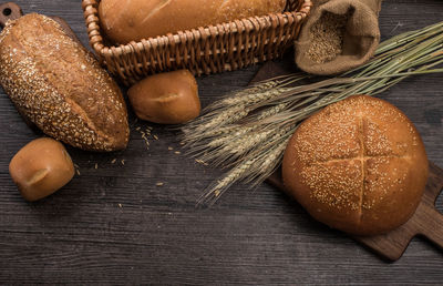 High angle view of bread in basket on table