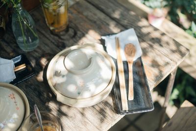 High angle view of glasses on table