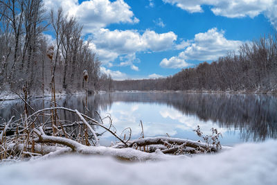 Scenic view of lake against sky during winter