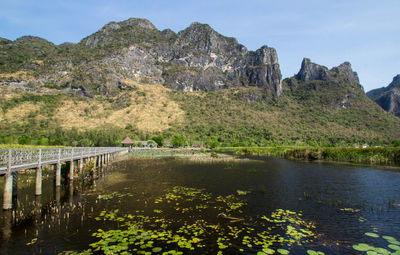 Scenic view of lake and mountains against sky
