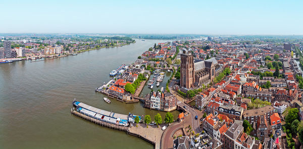 High angle view of city at waterfront