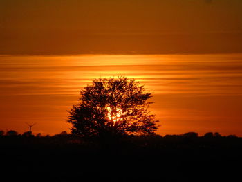 Silhouette tree on field against romantic sky at sunset