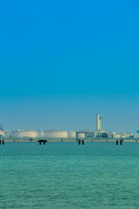 Scenic view of sea against clear blue sky