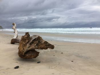 Scenic view of beach against cloudy sky