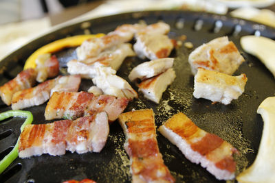 Korean grilled pork bbq or samgyeopsal-gui at korean restaurant, seoul, south korea