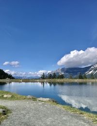 Scenic view of lake against blue sky