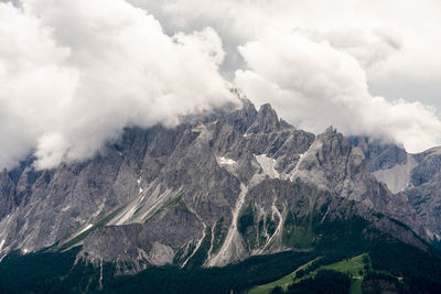 Scenic view of mountain range against cloudy sky