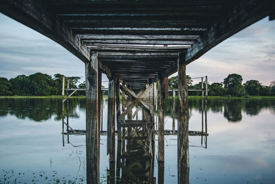 Reflection of bridge on river against sky