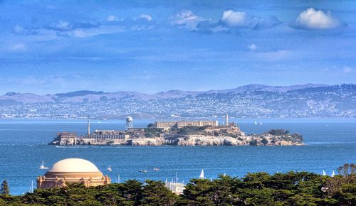 High angle view of city by sea