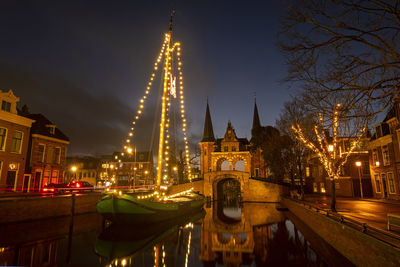 Decorated traditional sailing ship in sneek in the netherlands in christmas time at night