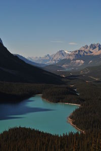 Scenic view of lake and mountains against blue sky