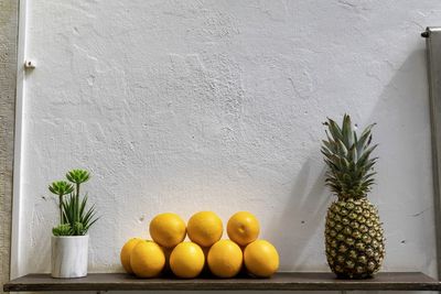Fruits on potted plant against wall