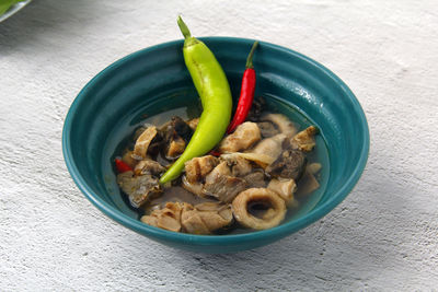 High angle view of food in bowl on table