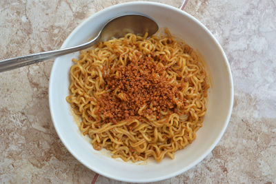 High angle view of noodles in bowl