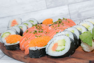 Close-up of sushi served in plate