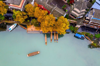 High angle view of flowering plants by canal in city