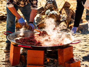 Panoramic shot of food on barbecue grill